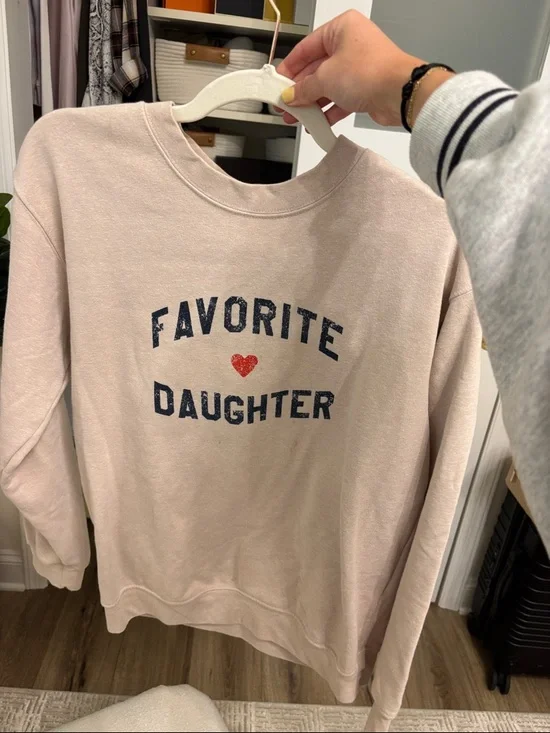 Favorite Daughter Pink Sweatshirt with Navy Text and Red Heart - Picture 1 of 1